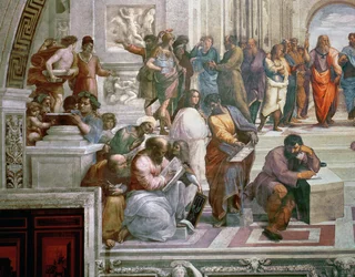 De School van Athene, detail van de linkerkant met Pythagoras omringd door studenten en Michelangelo (detail)